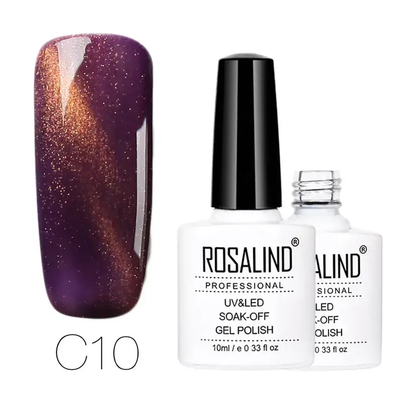 Rosalind professional uv&led soak-off gel polish in shade c10, featuring a shimmering purple and gold magnetic effect with fine glitter particles.