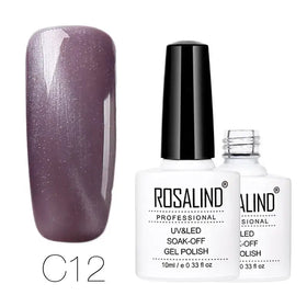 Purple shimmer gel polish in a white bottle with black cap, labeled ’rosalind professional uv&led soak-off gel polish’ and shade code c12.