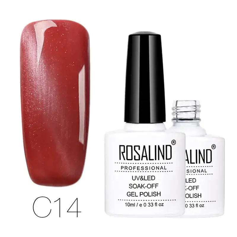Rosalind professional uv&led soak-off gel polish in a glossy red shimmer finish, presented with its bottle and cap.