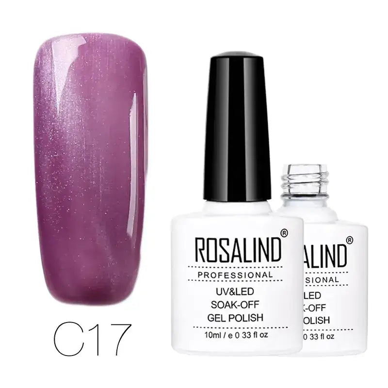 Purple shimmer gel polish in a white bottle with black cap, labeled ’rosalind professional uv&led soak-off gel polish’ and shade code c17.