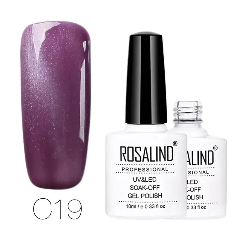 Purple shimmer gel polish in a white bottle with black cap, labeled ’rosalind professional uv&led soak-off gel polish’ and shade code c19.