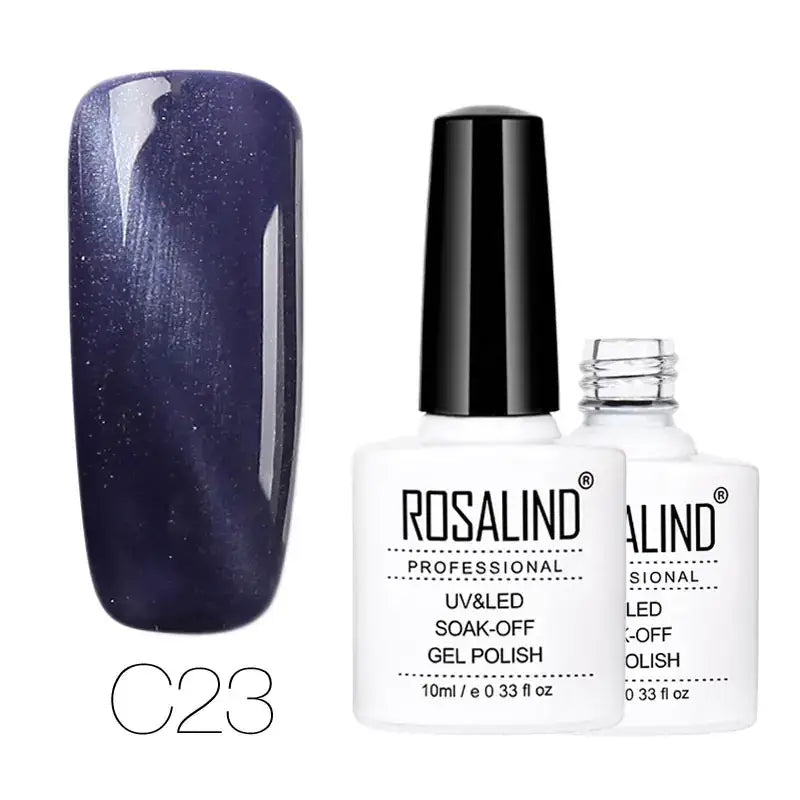 Deep purple shimmering gel nail polish in a white bottle with black cap, labeled ’rosalind professional uv&led soak-off gel polish’ and shade code c23.