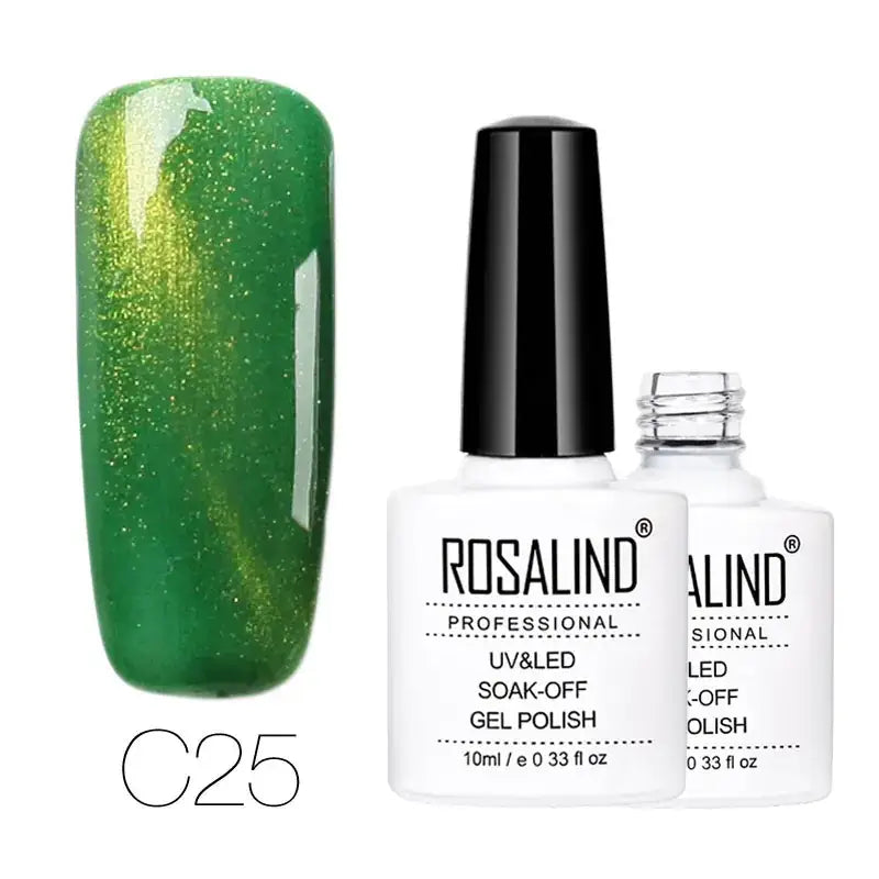 Green shimmering gel nail polish in a white bottle with black cap, labeled ’rosalind professional uv&led soak-off gel polish’ and shade code c25.