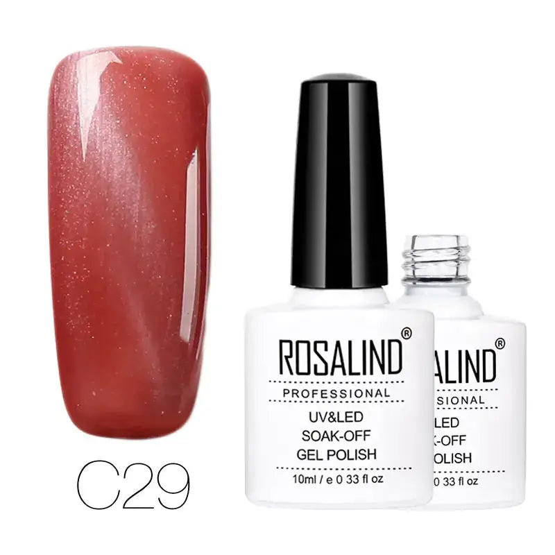 Rosalind professional uv&led soak-off gel polish in shade c29, featuring a shimmering red hue with fine glitter particles.