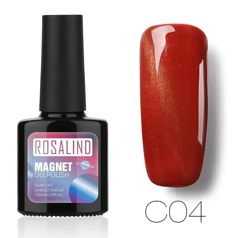 Rosalind magnet gel polish in a sleek black bottle with a glossy red nail finish, featuring shimmering gold flecks and labeled as shade c04.