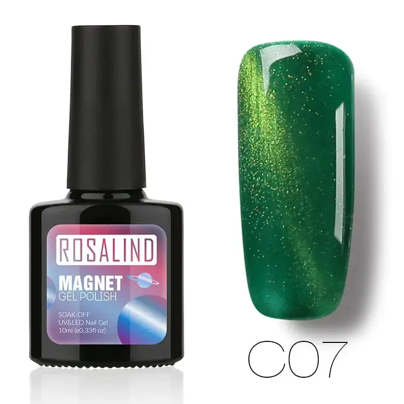 Rosalind magnet gel polish in shade c07, a vibrant green with shimmering metallic flecks and magnetic properties.