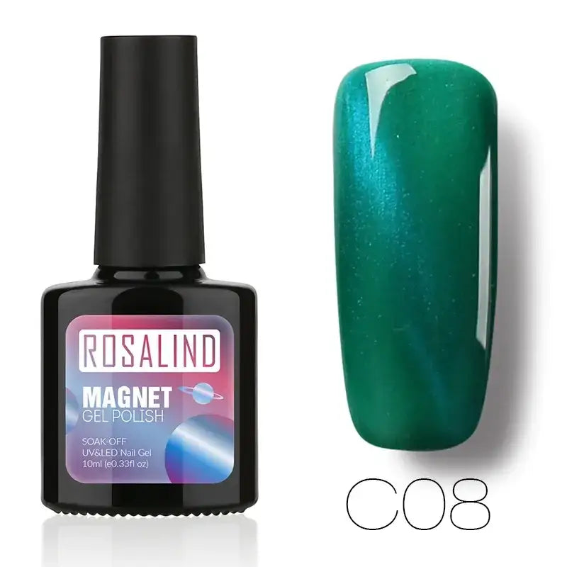 Rosalind magnet gel polish in shade c08, a vibrant teal-green with shimmering metallic flecks and magnetic properties.