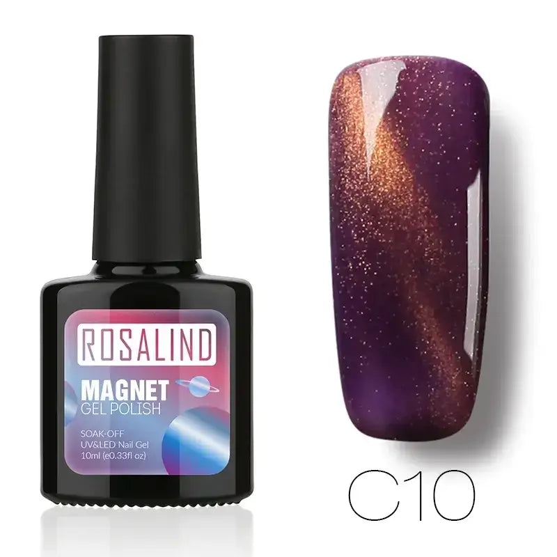 Rosalind magnet gel polish in shade c10, a deep purple nail polish with shimmering gold magnetic glitter.