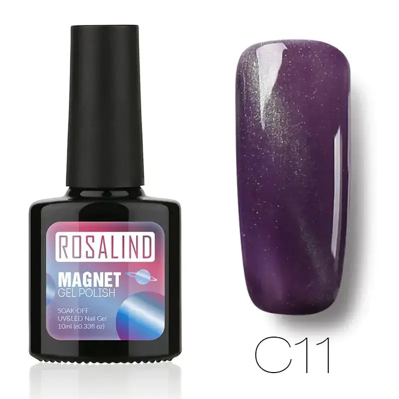 Rosalind magnet gel polish in shade c11, a deep purple with shimmering silver glitter.