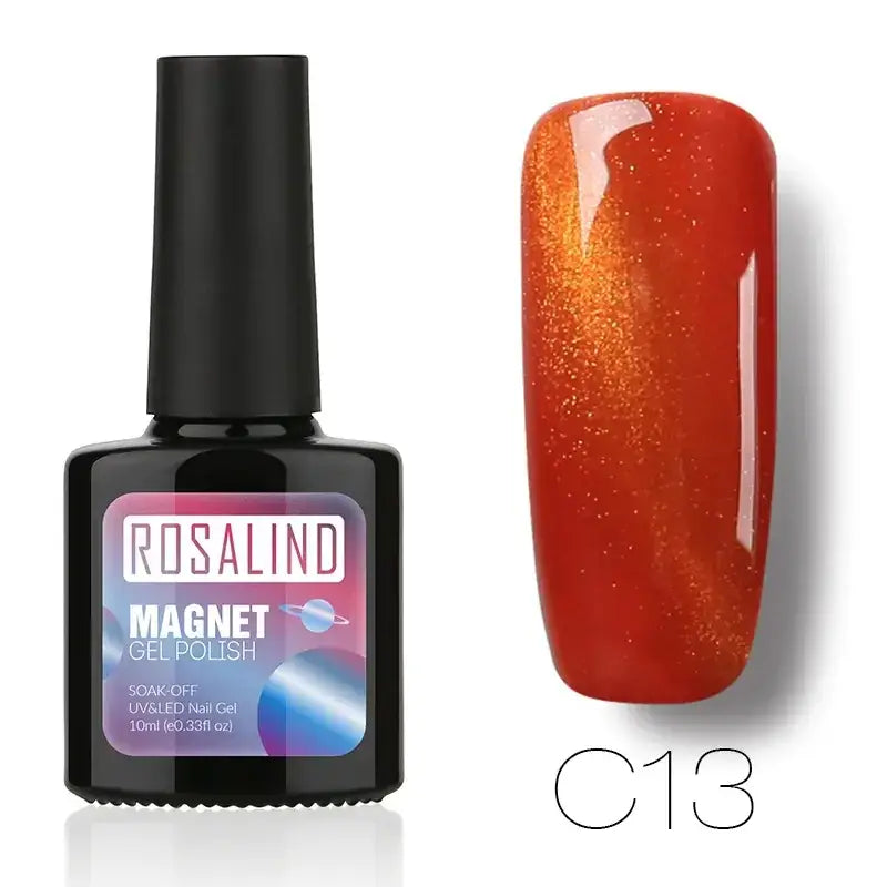 Rosalind magnet gel polish in shade c13, a vibrant orange-red nail polish with shimmering gold glitter particles.