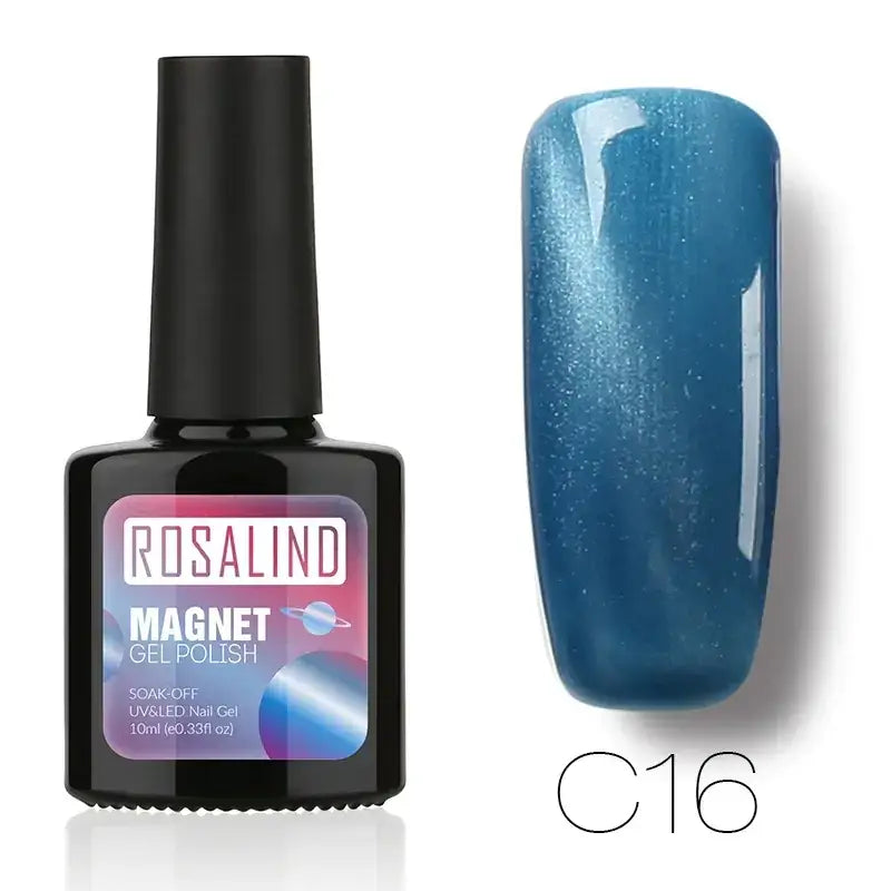 Rosalind magnet gel polish in shade c16, a deep blue with shimmering metallic flecks.