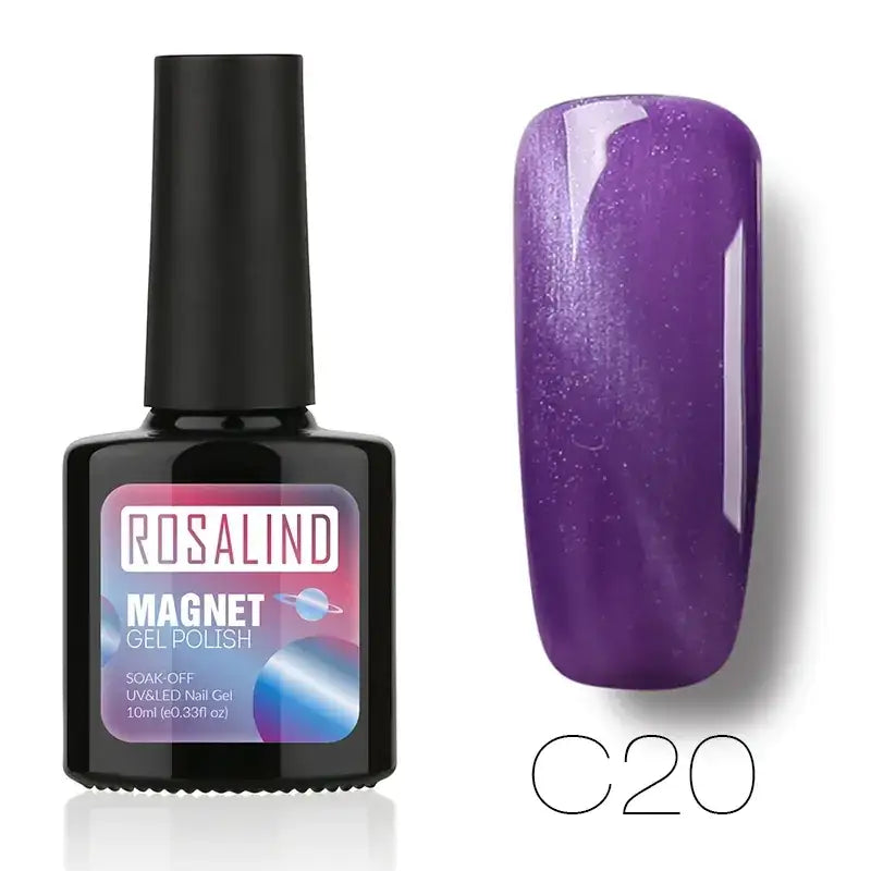 Rosalind magnet gel polish in shade c20, a vibrant purple nail polish with shimmering glitter particles.