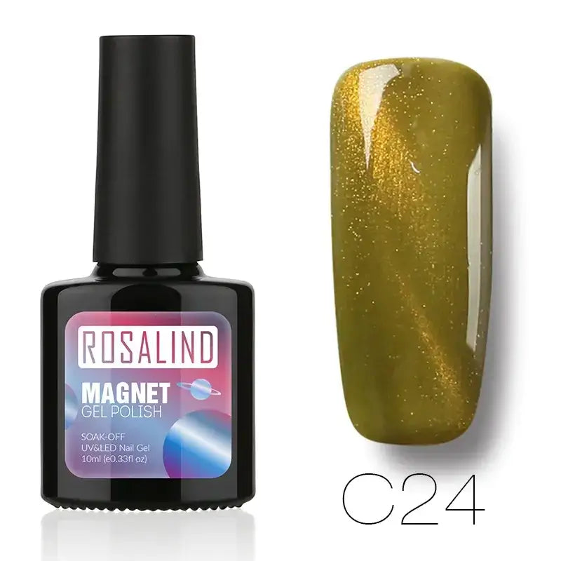 Rosalind magnet gel polish in shade c24, a glossy olive green with golden shimmer.