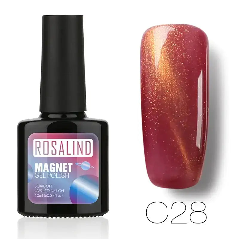 Rosalind magnet gel polish in shade c28, a shimmering red with golden magnetic flecks.