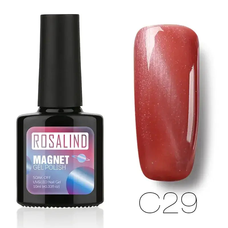 Rosalind magnet gel polish in shade c29, a glossy red with subtle shimmer.