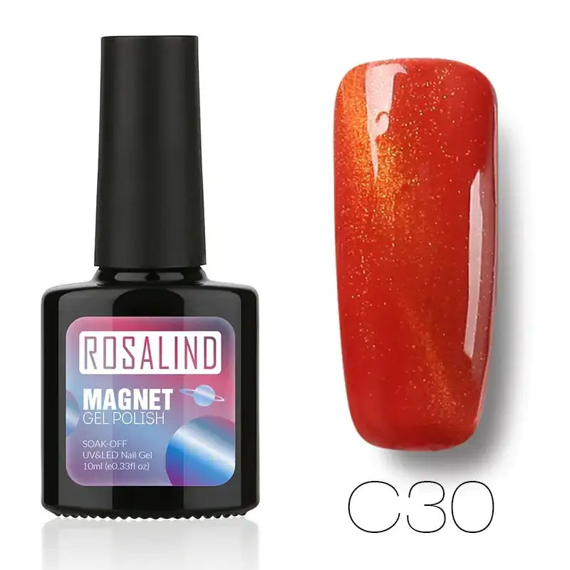 Rosalind magnet gel polish in shade c30, a vibrant red-orange with shimmering gold glitter finish.
