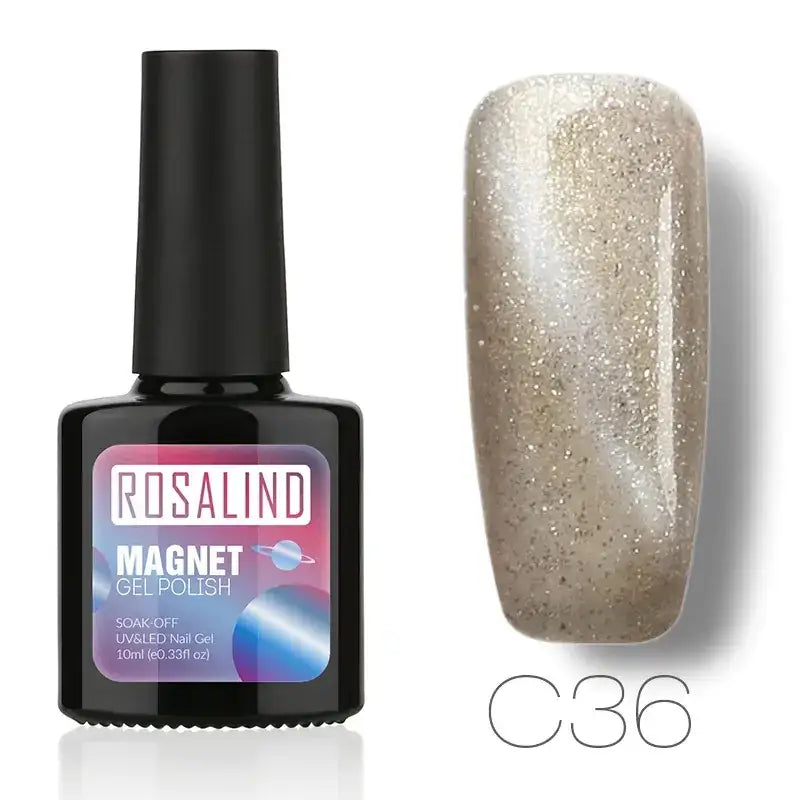 Rosalind magnet gel polish in shade c36, a shimmering silver glitter nail polish with a sleek black bottle.
