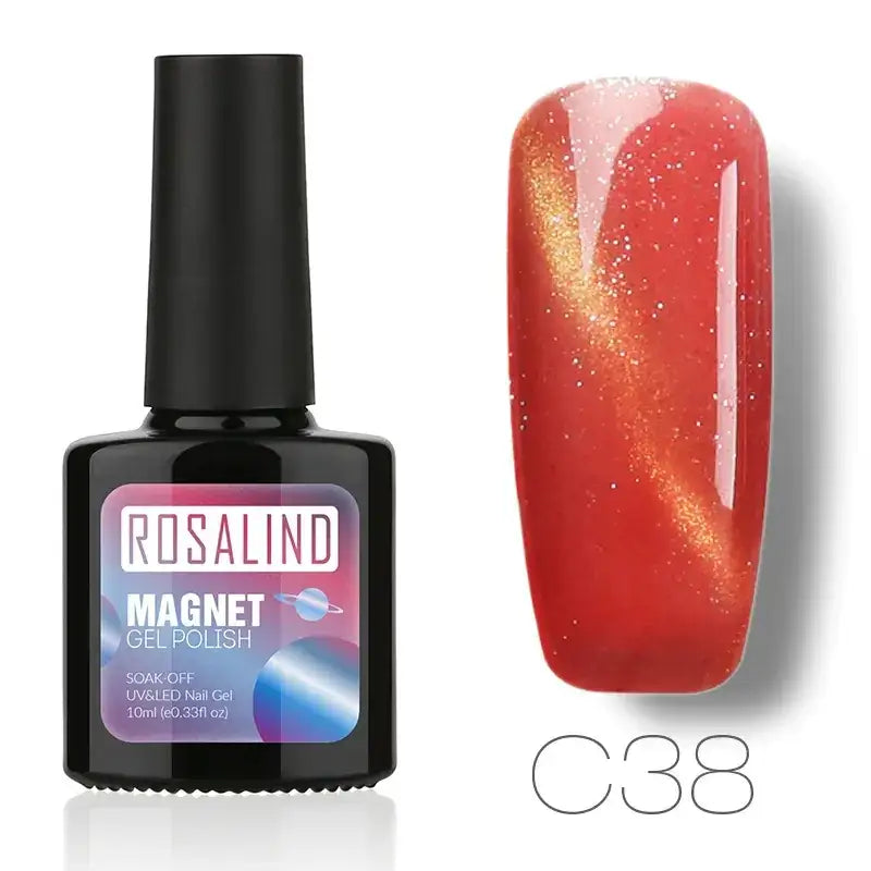 Rosalind magnet gel polish in shade c38, a vibrant red with shimmering gold magnetic flakes.
