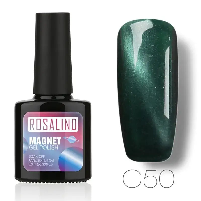 Rosalind magnet gel polish in shade c50, a deep emerald green with shimmering metallic flecks and magnetic properties.
