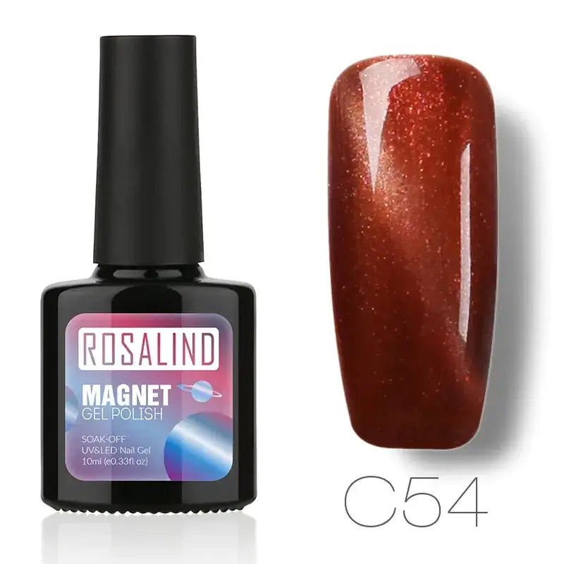 Rosalind magnet gel polish in shade c54, a rich amber-red with shimmering glitter finish.
