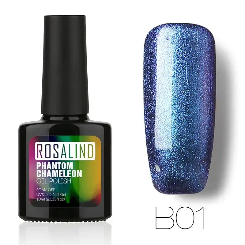 A shimmering blue and purple chameleon-effect gel nail polish in a sleek black bottle, featuring the rosalind phantom chameleon brand.