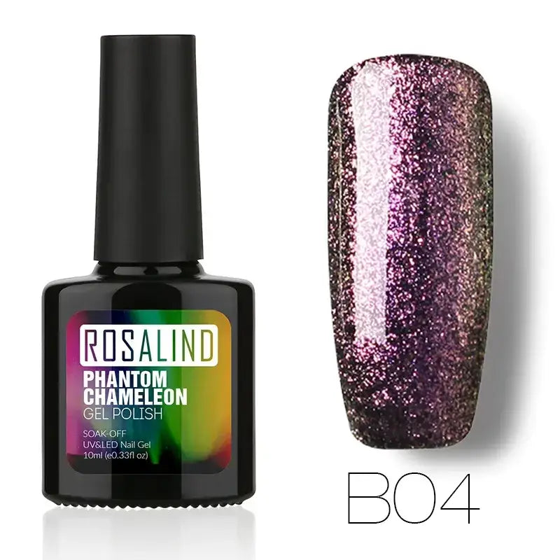 Rosalind phantom chameleon gel polish in shade b04, a shimmering purple and gold glitter nail polish with a sleek black bottle.