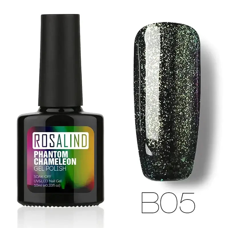 Black bottle of rosalind phantom chameleon gel polish, model b05.