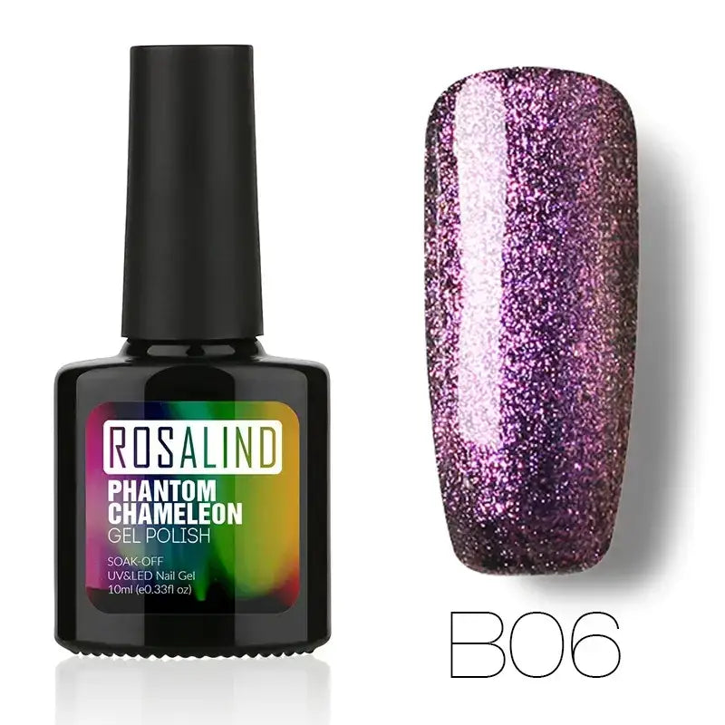 Rosalind phantom chameleon gel polish in shade b06, a shimmering purple glitter nail polish with a black bottle and cap.