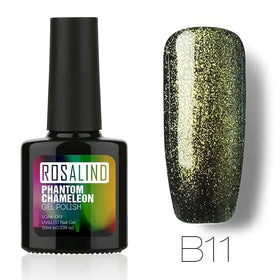 Black bottle of rosalind phantom chameleon gel polish, shade b11, featuring a shimmering green and gold metallic finish with glitter particles.