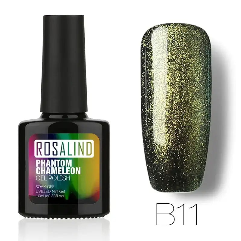 Black bottle of rosalind phantom chameleon gel polish, shade b11, featuring a shimmering green and gold metallic finish with glitter particles.