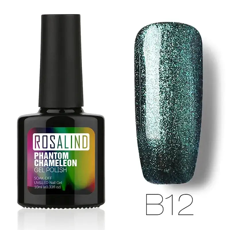 Rosalind phantom chameleon gel polish in shade b12, a shimmering teal-green nail lacquer with sparkling glitter particles.