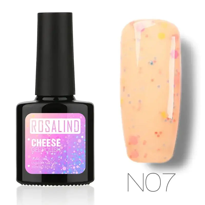 A bottle of rosalind cheese gel polish in shade n07, featuring a black rectangular container with a vibrant purple and pink gradient label adorned with glittery speckles.