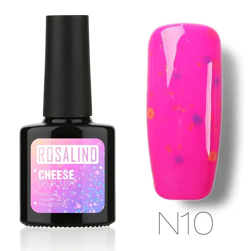 A vibrant pink glittery gel nail polish in a black bottle labeled ’rosalind cheese gel polish n10.’