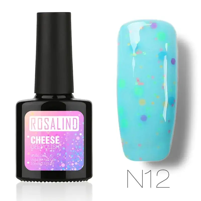 Rosalind cheese gel polish n12 in a black bottle with a gradient pink and purple label, featuring a light blue nail polish finish speckled with multicolored glitter.