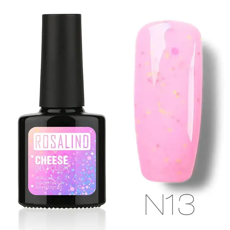 Pink glittery gel nail polish in a black bottle labeled ’rosalind cheese gel polish n13’’.