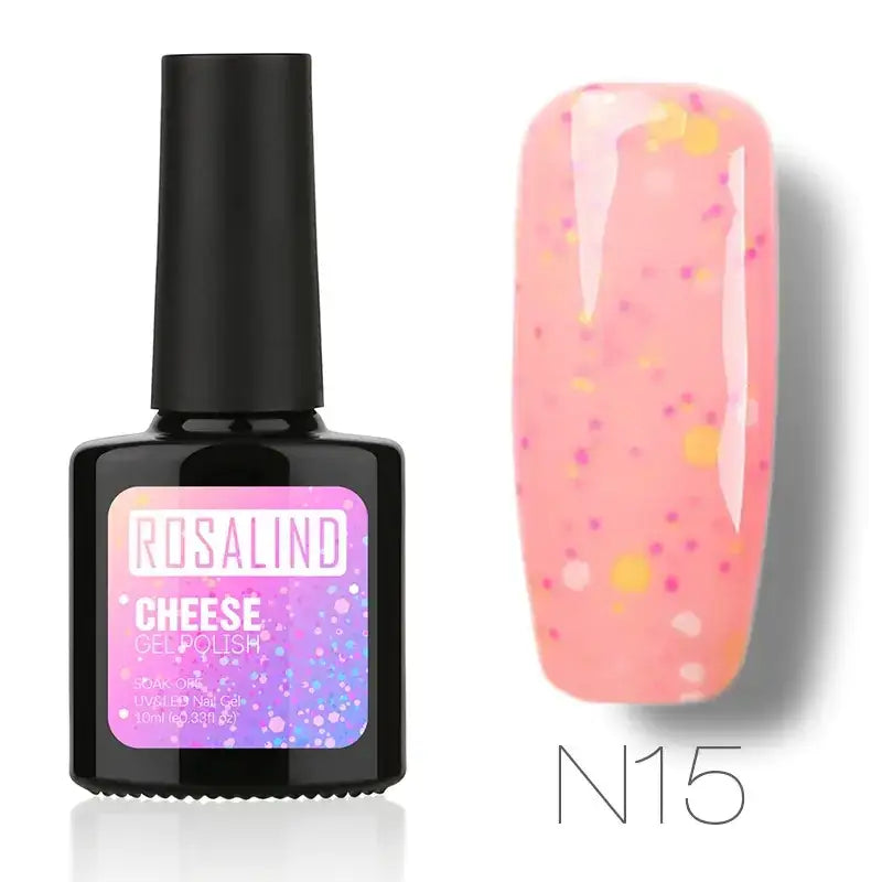 Rosalind cheese gel polish in shade n15, a glossy pink nail polish with scattered yellow and purple glitter particles.