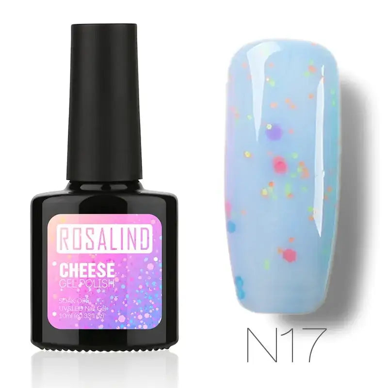 Rosalind cheese gel polish in shade n17, a light blue nail polish with colorful glitter speckles.
