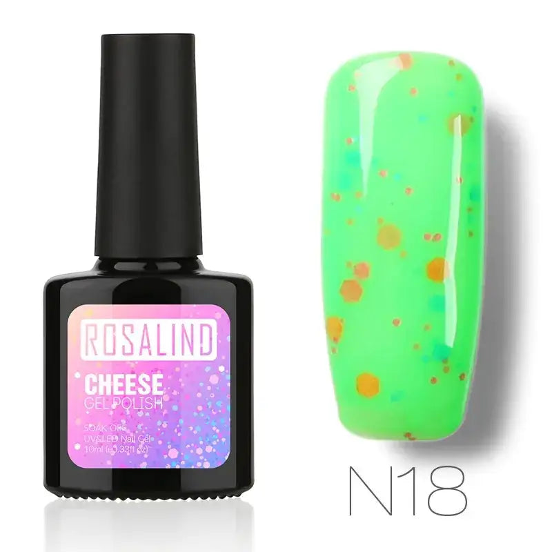 A vibrant neon green gel polish with golden and teal glitter specks, in a sleek black bottle labeled ’rosalind cheese gel polish n18.’