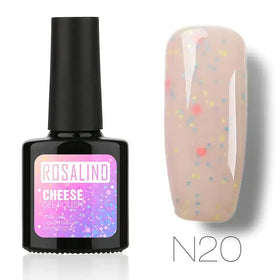 Rosalind cheese gel polish n20 in a black bottle with a gradient pink and purple label, featuring a sheer nude base with colorful glitter specks.