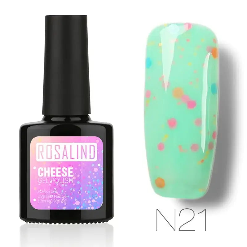 Rosalind cheese gel polish in shade n21, a mint green nail polish with colorful speckles.