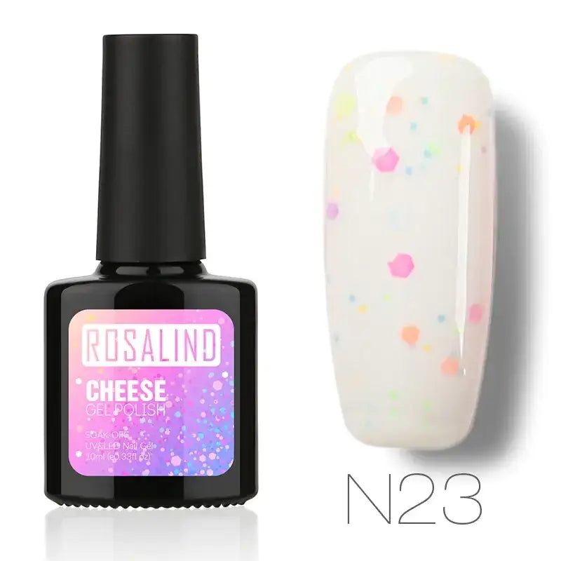 Rosalind cheese gel polish n23 in a black bottle with a gradient pink and purple label, featuring a white nail polish finish adorned with colorful confetti glitter.