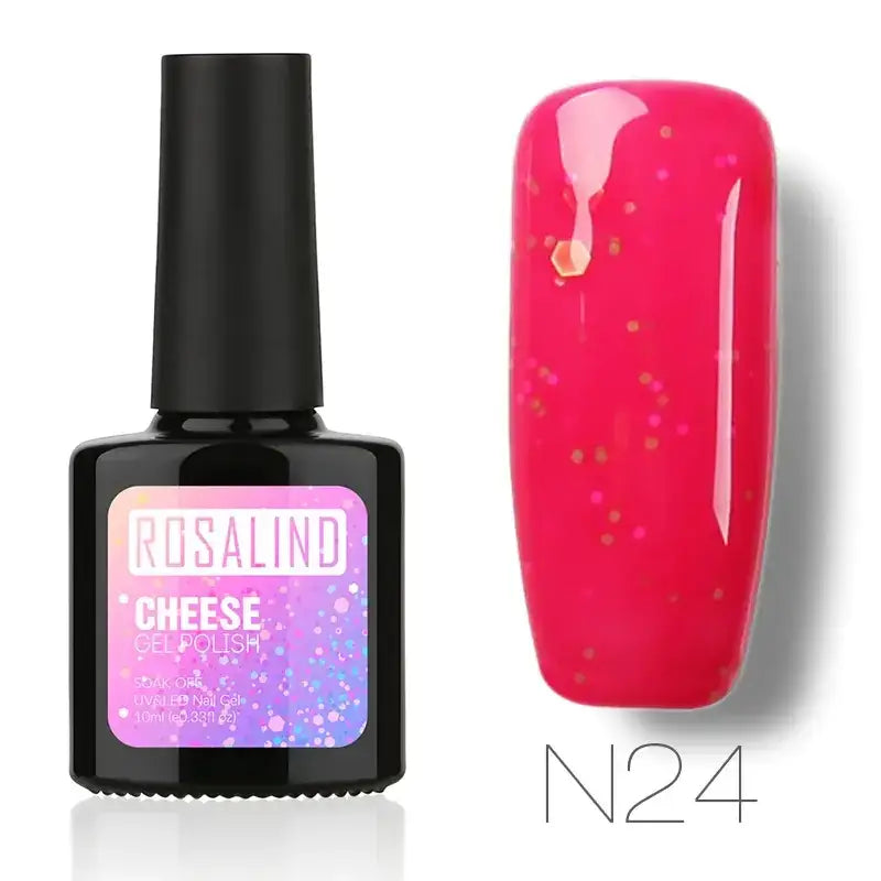 Rosalind cheese gel polish in shade n24, a vibrant fuchsia nail polish with golden glitter particles.