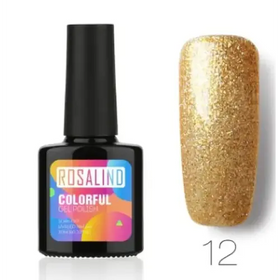 A shimmering gold glitter nail polish in a sleek black bottle with the brand name ’rosalind’ and product label ’colorful gel polish.’