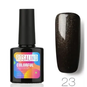 Rosalind brand gel polish in a sleek black bottle with vibrant label, showcasing a dark brown shimmer finish on the nail swatch.