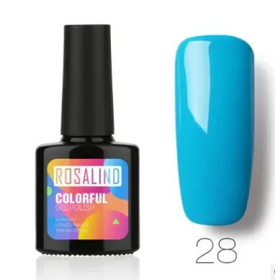Bright blue gel polish in a black bottle labeled ’rosalind colorful gel polish’ with the shade number 28.
