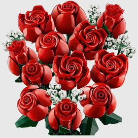 A vibrant red lego rose bouquet with glossy plastic petals and green stems, accented by delicate white filler flowers.