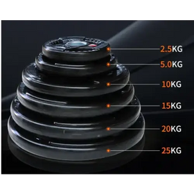 Stack of black weight plates with engraved weights ranging from 2.5kg to 25kg, each featuring a central hole and textured edges for grip.