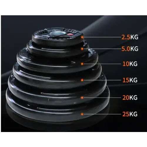 Stack of black weight plates with engraved weights ranging from 2.5kg to 25kg, each featuring a central hole and textured edges for grip.