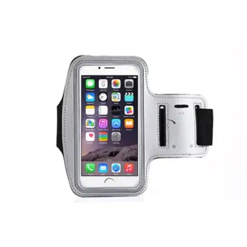Silver athletic phone armband with black elastic strap and adjustable closure.