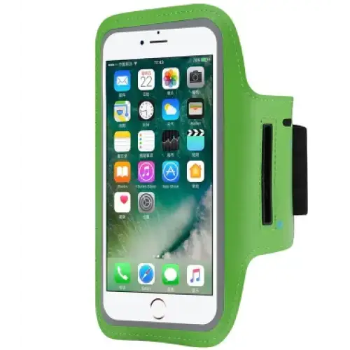 Green armband with gray trim, designed to securely hold a smartphone during workouts.